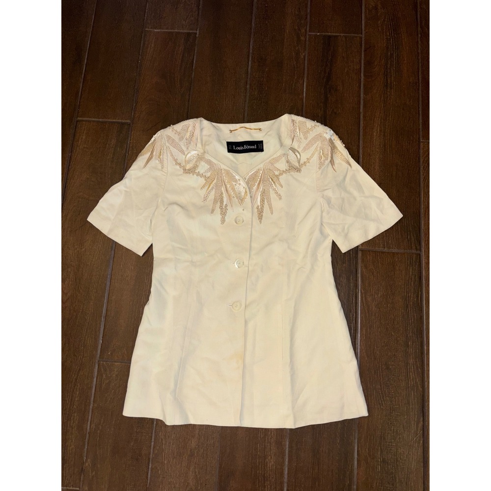 Louis Feraud Blouse 10 Cream Vintage Embroidered Beaded Short Sleeve Linen Top